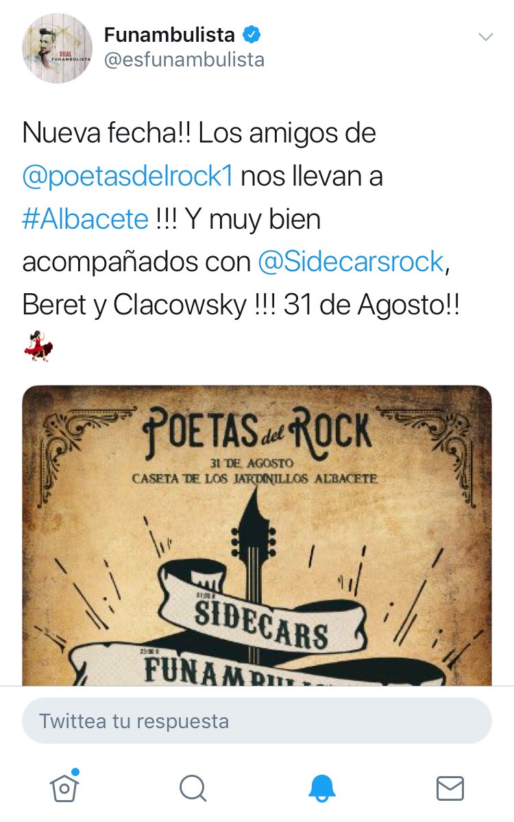 TerritorioMusi's tweet photo. El próximo 31 de agosto #Sidecars #Funambulista #Beret y #ClacowskY llenarán de #música y #poesía la Caseta de los Jardinillos de #Albacete. No te pierdas esta cita cultural por excelencia. Entradas a la venta en https://t.co/Vzv81ojFQB https://t.co/Jp4FbyZpOW