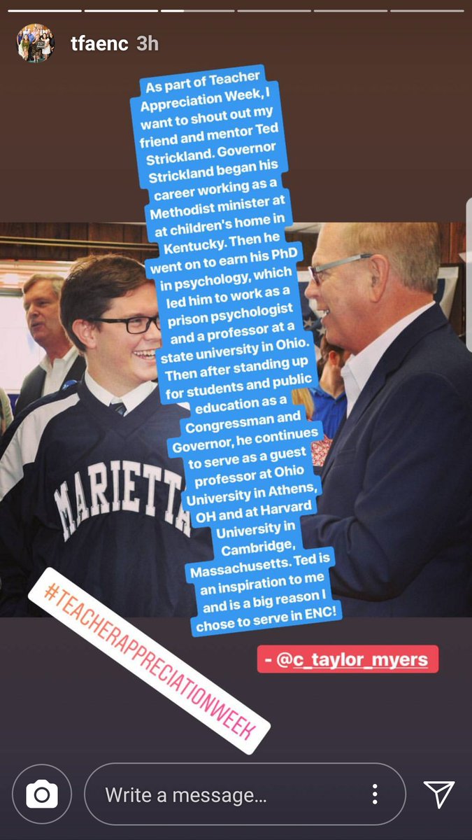 MyersForOhio's tweet photo. This week @TFA_ENC helped me shout out my friend and mentor Gov. @Ted_Strickland for #TeacherAppreciationWeek! Thanks Ted for all you do and have done for Ohio's students and our state's future. #OneDay @TeachForAmerica #teacherappreciation https://t.co/NMYcHwW5Um