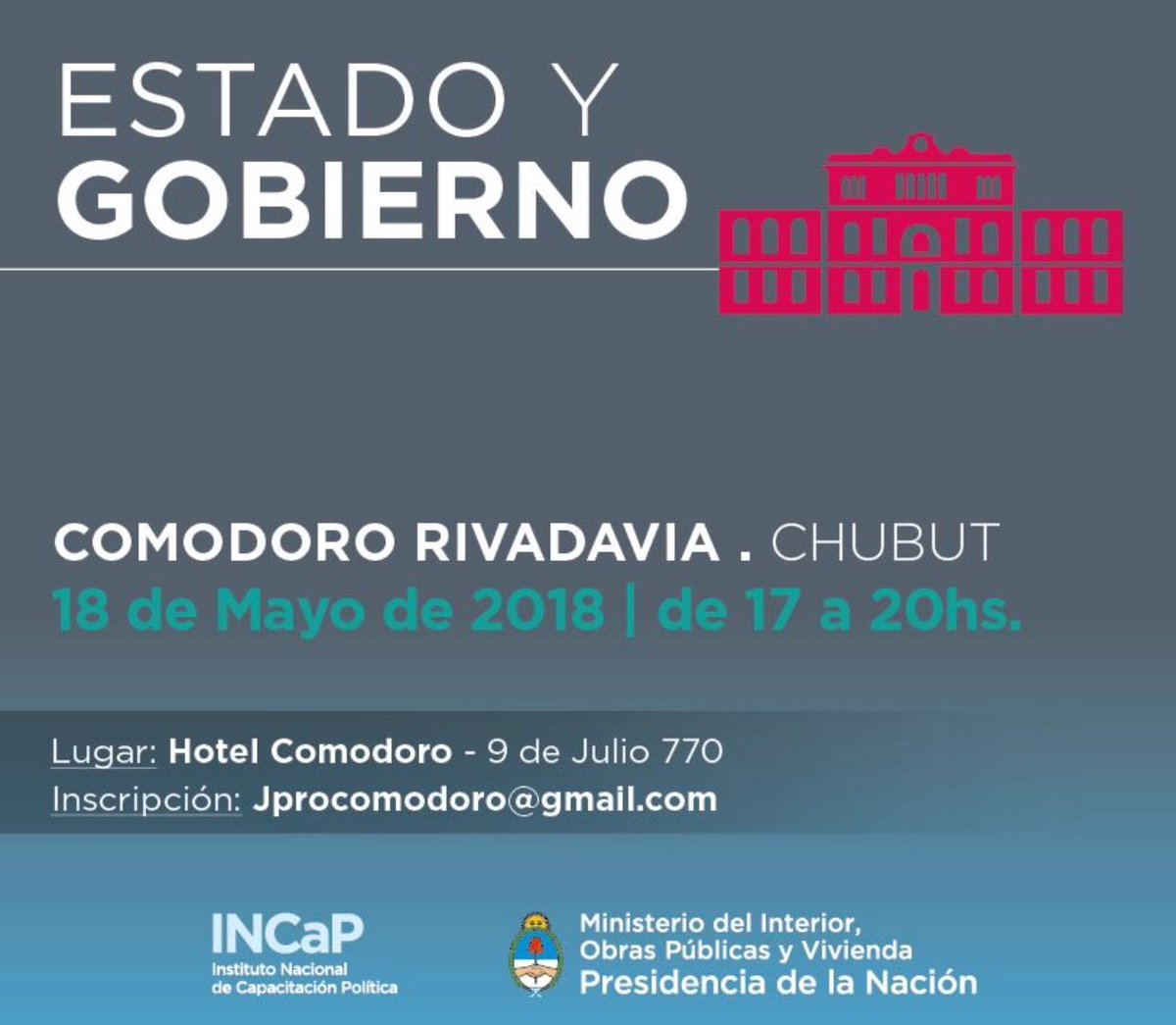 jprocomodoro's tweet photo. Te invitamos a la capacitación del INCaP sobre ESTADO y GOBIERNO, la misma se realizará el día viernes 18/5 a las 17 hs en el Hotel Comodoro. 🙌🏼 https://t.co/apqSVr3wxO