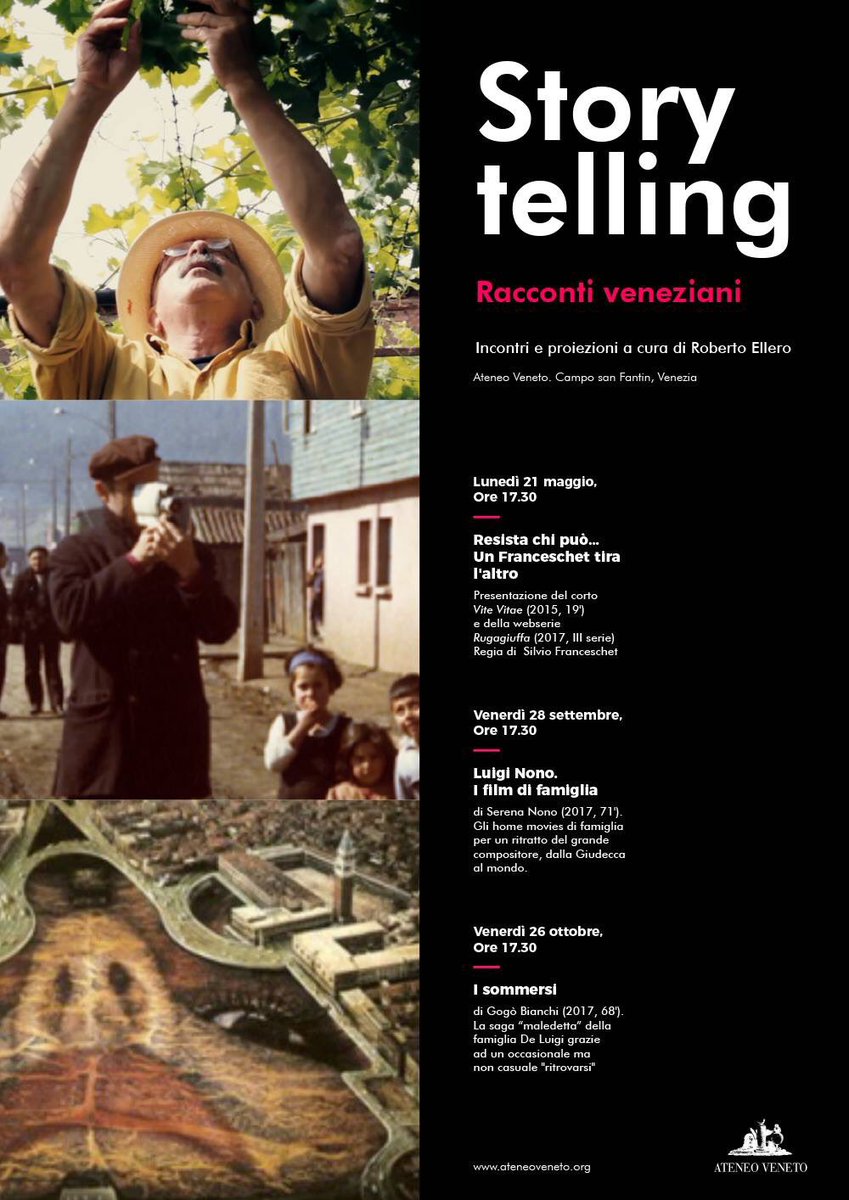 AteneoVeneto's tweet photo. Il 21 maggio inizia “Storytelling - racconti veneziani”.Venezia raccontata con incontri e proiezioni a cura di Roberto Ellero.
Primi ospiti Silvio  Franceschet e i @Rugagiuffa_VE https://t.co/jWHt0ImgmF
