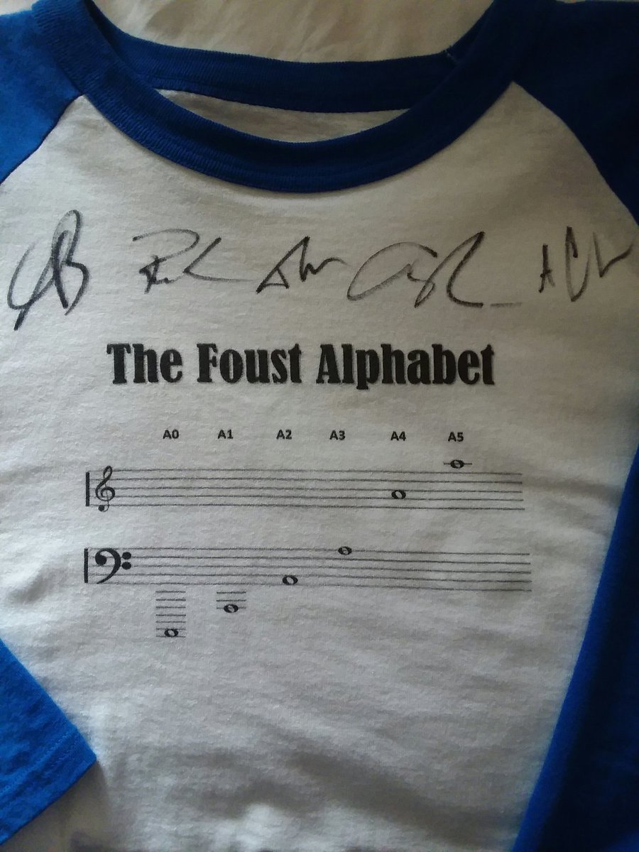 jlprussa's tweet photo. Made Kiddo a shirt celebrating his favorite bass singer, @timfoustmusic , who has a five-octave vocal range. (That's 62 notes, folks.) He wore it to the indescribably talented @homefreeguys concert last night; they were all gracious enough to sign it. Kiddo now wants to frame it. https://t.co/u0einHtn5J