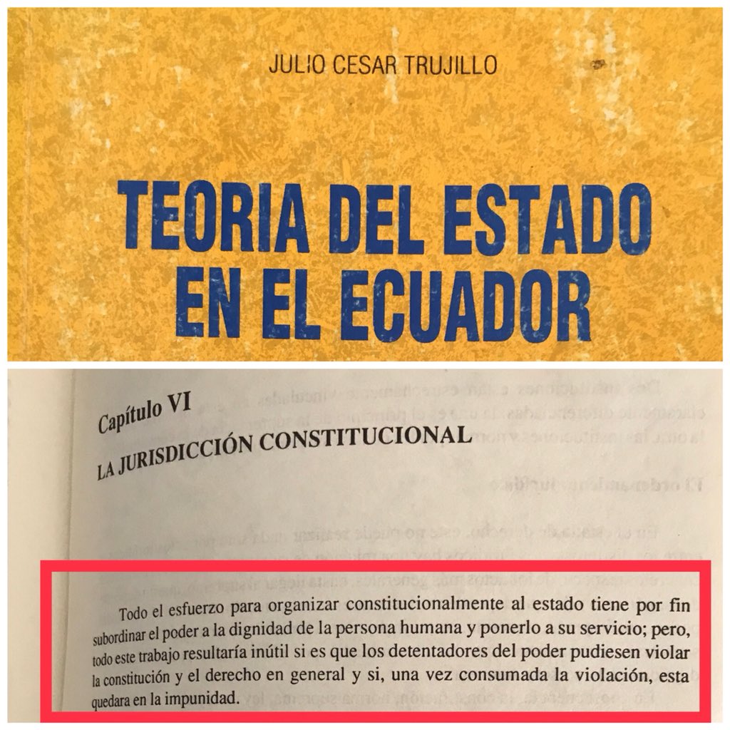 relicheandres's tweet photo. ESCUPE PARA ARRIBA
En este libro @JCTrujilloCPCCS habla sobre lo inútil que resulta organizar constitucionalmente al Estado cuando "los detentadores del poder" violan la Constitución y el derecho en general y este atropello queda en la impunidad. 
@MashiRafael @CorteConstEcu https://t.co/Ywc0nv4qSZ
