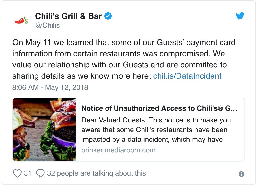 BoneCollector29's tweet photo. Chili’s customers ignore ribs, want their info back, info back, info back....#Chilis #MalwareOnTheMenu #Comprimised https://t.co/AHOyeg40Cg