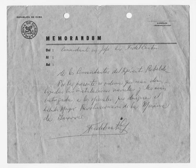 cubanheritage's tweet photo. Memorandum firmado por Fidel Castro Ruz subordinando las instalaciones y unidades navales al mando del Estado Mayor revolucionario de la Marina de Guerra. 1959. https://t.co/VmjLzoR4Qo