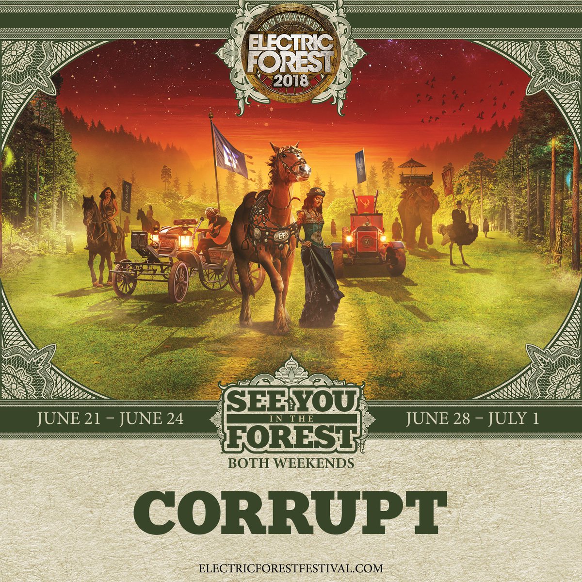 Electric_Forest's tweet photo. The #ForestFamily will welcome Ohio's own @djCorrupt back to Rothbury for both weekends of #EF2018! 💚 #TeamCorrupt

⚡️🌲 https://t.co/GlscstiQkQ https://t.co/bspSCv02C9