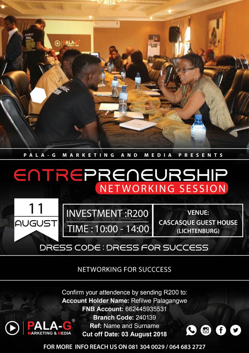 Thee_Iron_Lady's tweet photo. #ENS2018
Networking for success
PALA-G Marketing and Media is honoured to invite you to our exclusive Networking Session #ENS. This empowering event gives young aspiring and seasoned Enterprenuers the life changing tips they need to grow their business. https://t.co/hvLt32cfE6