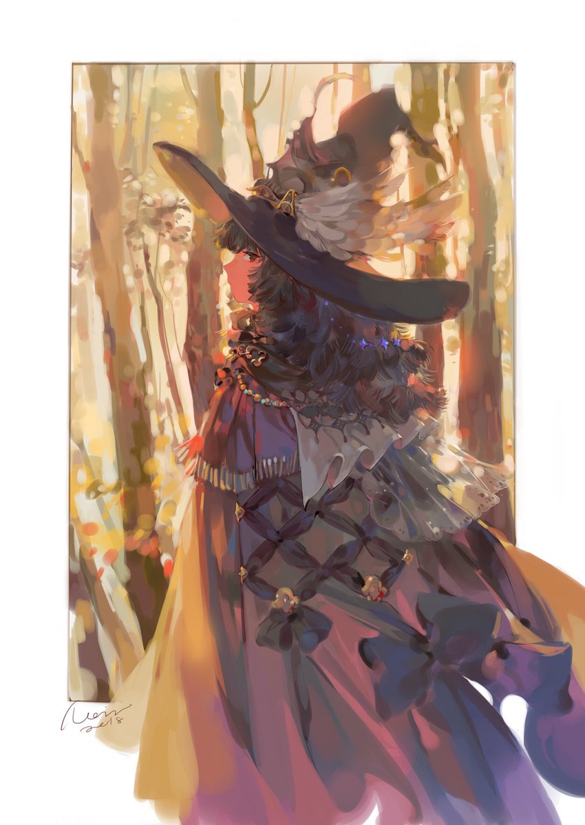 hat 1girl solo witch hat forest nature signature  illustration images