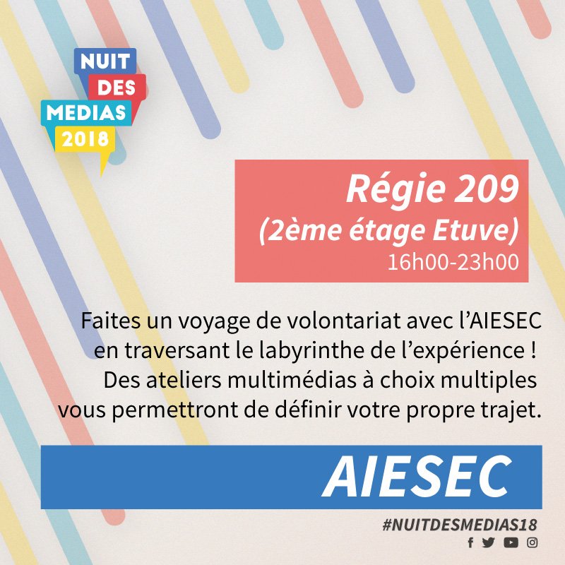 Nuitdesmedias's tweet photo. J-4… Envie de te lancer dans le volontariat? L’AIESEC te proposera différents ateliers multimédias afin de définir ton propre projet. See you there! #IHECS #CEICS #nuitdesmédias18 #AIESEC https://t.co/qazX2YAVj7