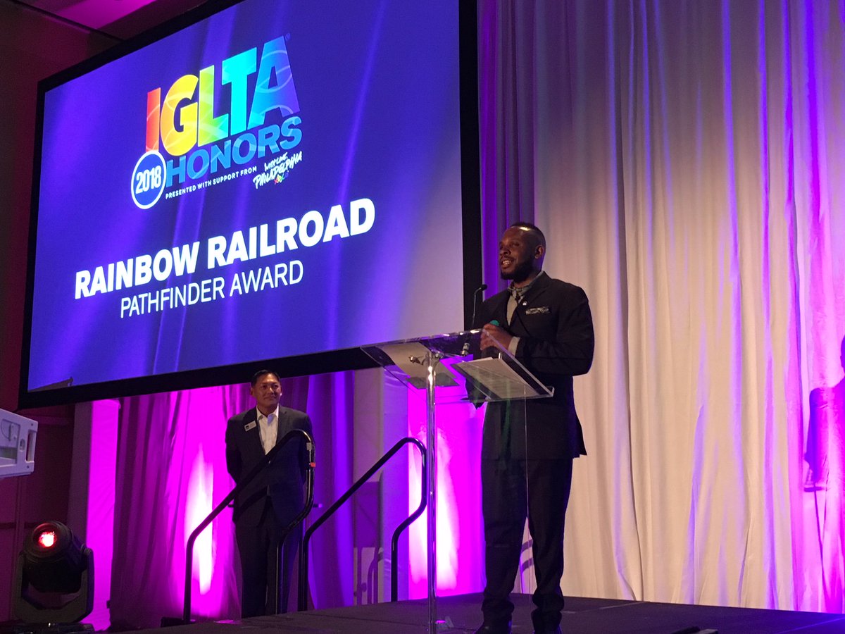 RainbowRailroad's tweet photo. Rainbow Railroad was honoured to be recognized with @IGLTAFoundation‘s Pathfinder Award! Thank you to all of the #Voyage partners and sponsors, and congratulations to all the fellow honourees!  #IGLTA2018 🏳️‍🌈 https://t.co/5cAnrDNvJ0