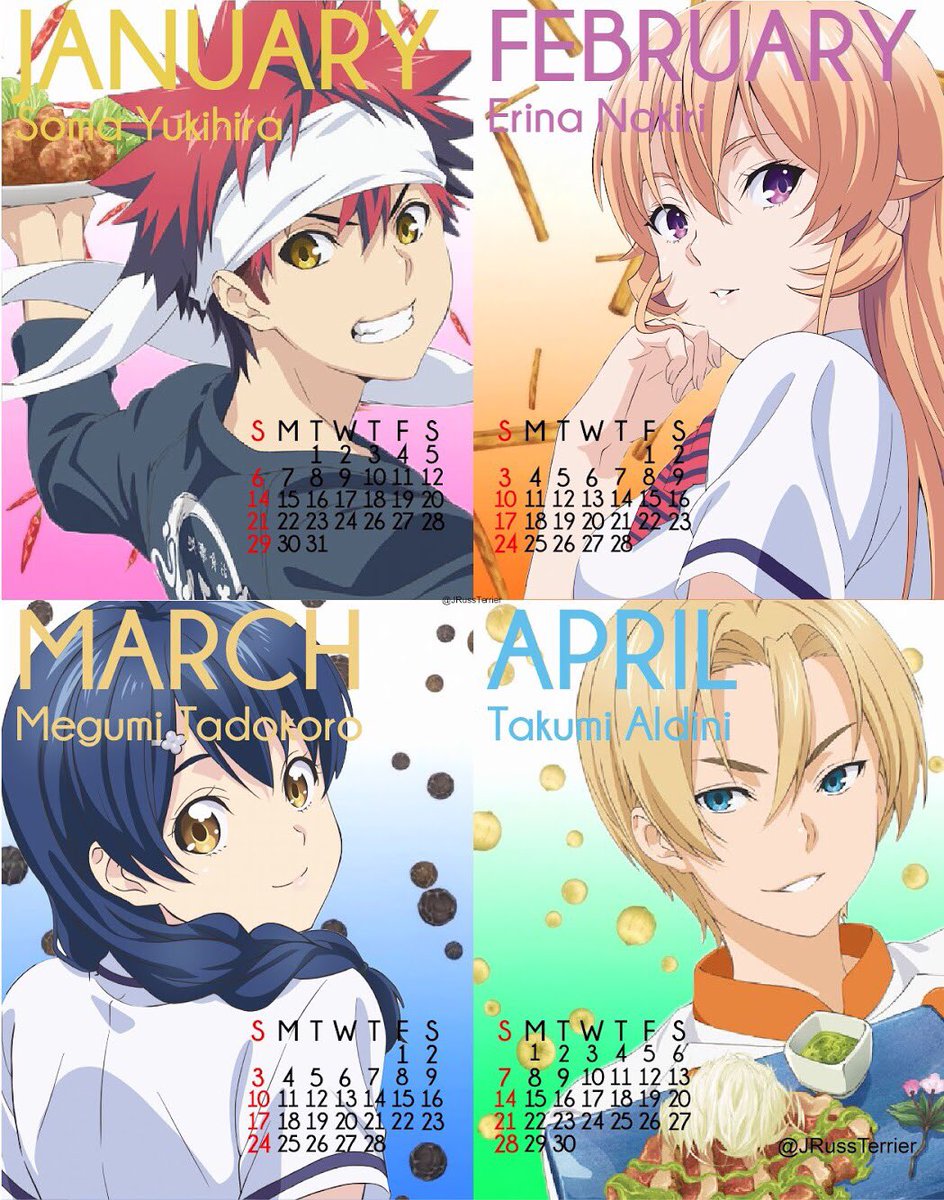 Jack Russell I Made Foodwars Calendars Only Did Q1 But Maybe I Ll Eventually Get To The Rest 食戟のソーマ のファンカレンダーを作りました Shokugekinosoma Shokugeki Anime Fanart Yukihirasoma Nakirierina Tadokoromegumi