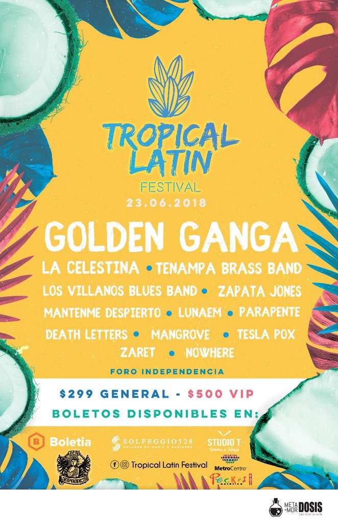 GDLConcierto's tweet photo. TROPICAL LATIN FESTIVAL 1ra Edición:
@TLFestival 23 Junio 2018 en Guadalajara, Jalisco @foindependencia 
@GangaOficial
@CelestinaReggae
@TenampaBB
@ZapataJones
@OficialKMA
@pdefugamx 
@SkylightSage
@lunaemmusic https://t.co/kvZboOK7c3