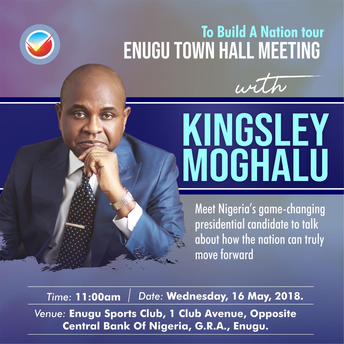MoghaluKingsley's tweet photo. Hello, Enugu! We are coming. Join me on Wednesday for a town hall meeting we'll be holding in the state. #ToBuildANationTour https://t.co/nSuZ4hEYae