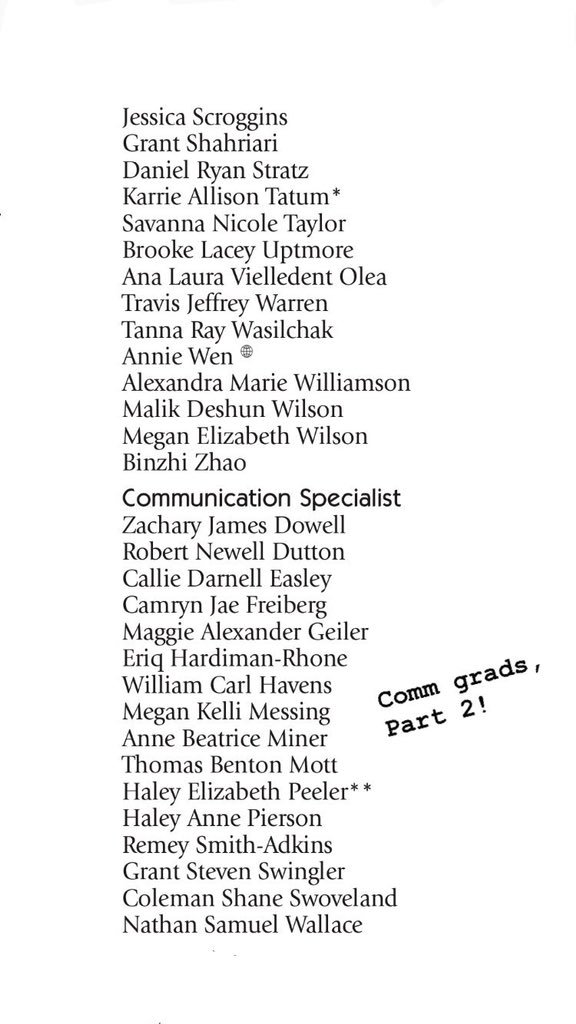 BaylorComm's tweet photo. Hereβs the list of all our undergrad and grad student who walked the stage this morning! #SicEmComm https://t.co/uXJroCEUV4