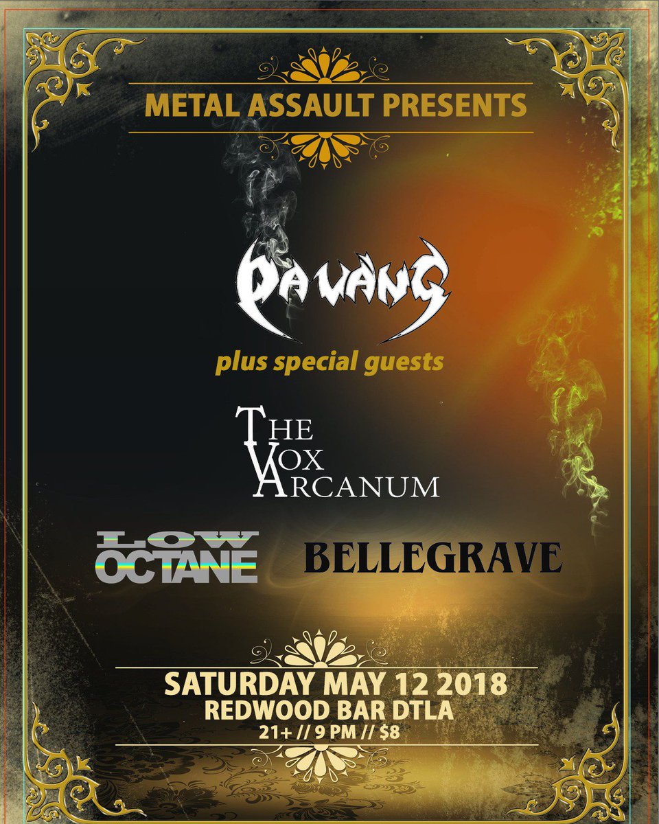 metalassaultLA's tweet photo. Back at @theRedwoodBar TONIGHT!! Join us for what promises to be a kickass night of local heavy metal. It's gonna get heavy tonight! Schedule:

Doors @ 9
#Bellegrave 9:30
@LowOctaneRocks 10:15
@TheVoxArcanum 11:00
#DaVang 11:45 https://t.co/lUyJv8uWbN