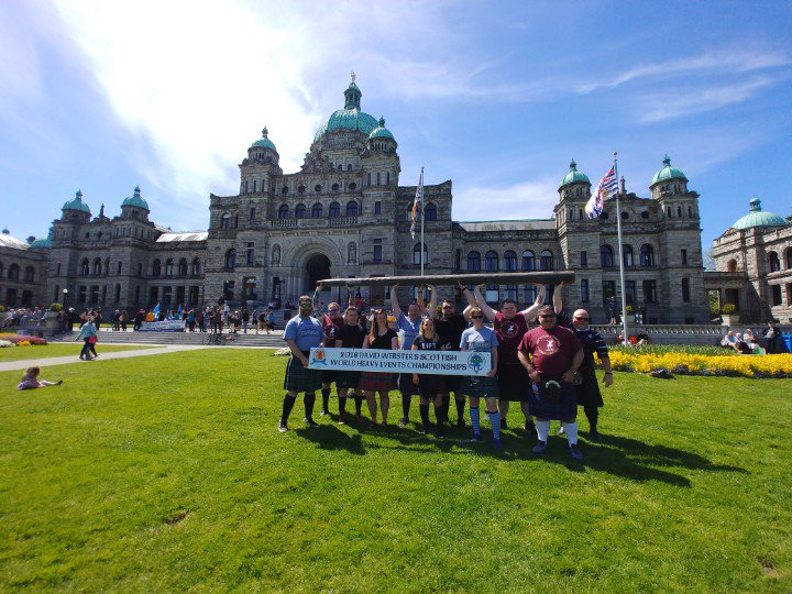 websterworlds18's tweet photo. Games Week has begun with the Tartan Parade featuring caber tossing on the lawn of the @bclegislature! Join us on the May Long Wknd at Topaz Park for 155th @vichighlandgame ! Tilted Kilt Pubcrawl on Wed nite! #VHG2018 #websterworlds18 @carloncouncil https://t.co/nqXldorD72