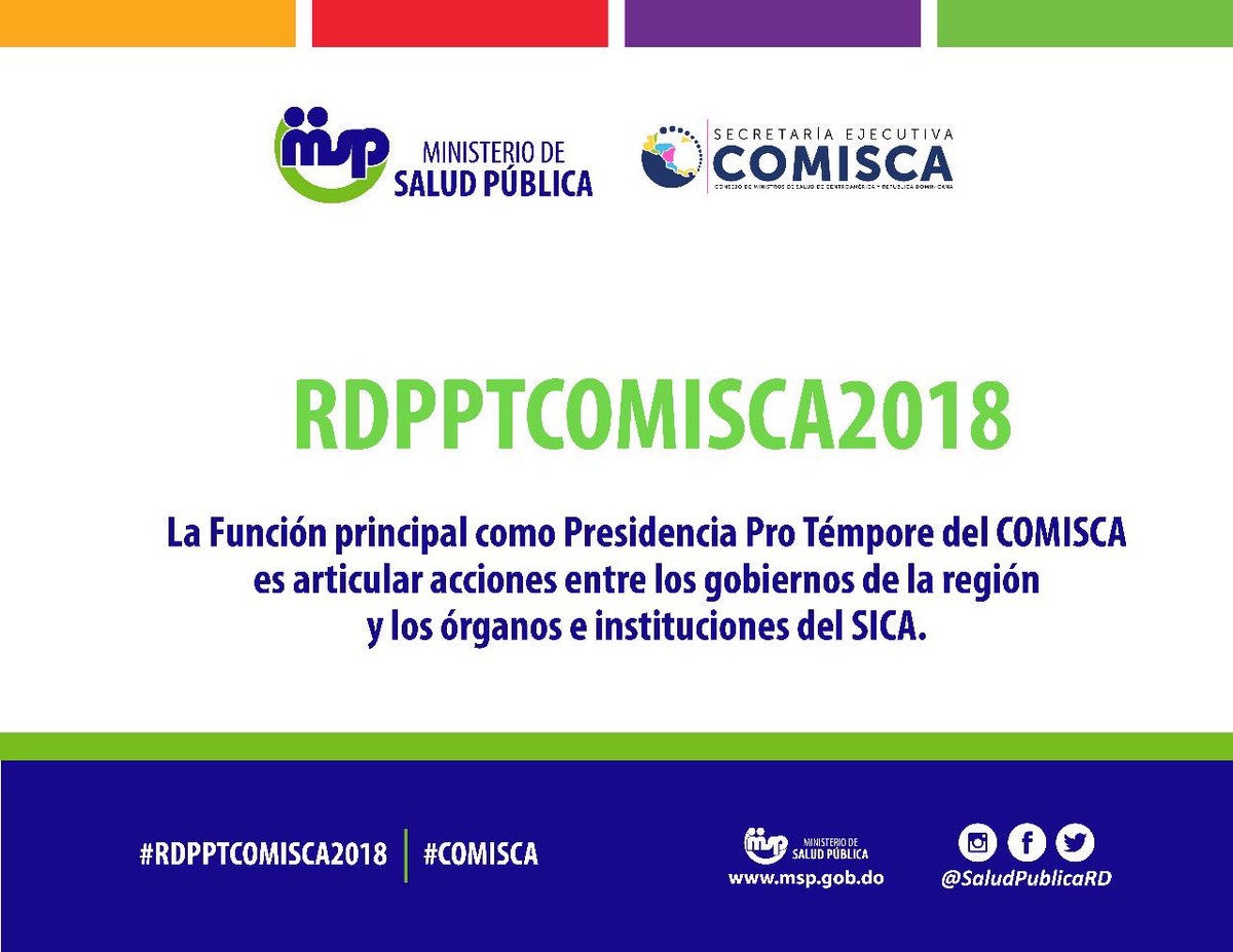 SaludPublicaRD's tweet photo. ¿Sabías que la #RepúblicaDominicana ostenta la Presidencia Pro-Témpore del #COMISCA?
Entérate aquí cuál es la función principal del país al asumir esta Presidencia.
#SaludPúblicaRD #RDPPTCOMISCA2018 @SECOMISCA https://t.co/C4fslZ8amd