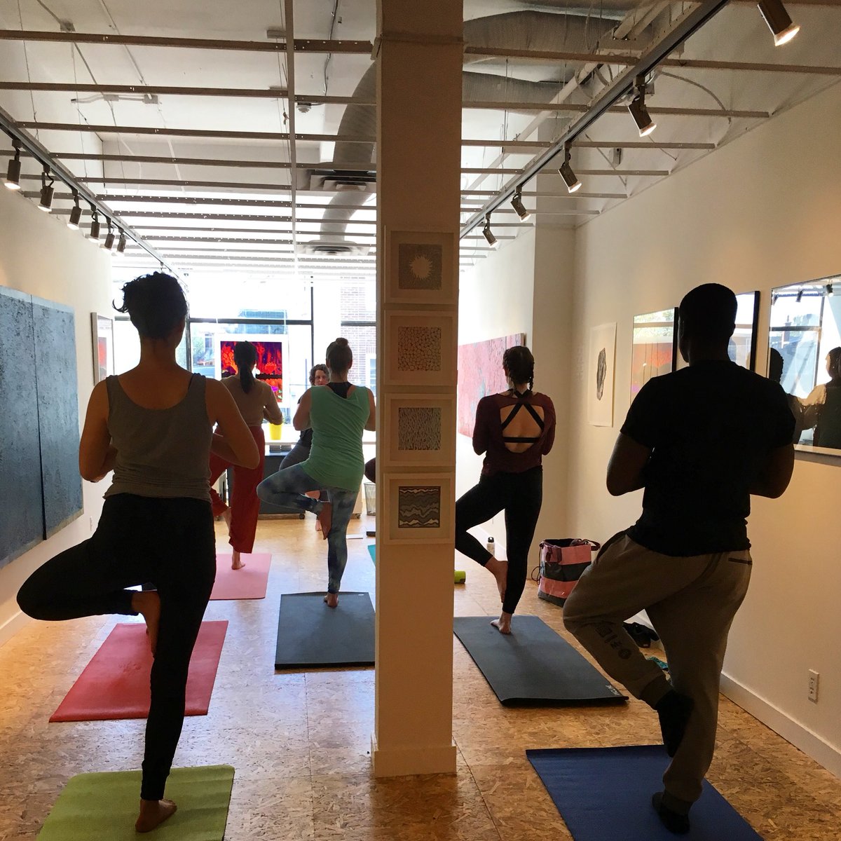 MykaBurke's tweet photo. It was even better than I imagined! Yoga + art with works of art by #YvonneWiegers & #troymoth with @annewanda leading the session - inspired by #BalancingAct at @studiosixtysix; and we raised money for @EcologyOttawa!! Great way to start the weekend!! https://t.co/S1QdNrOnog