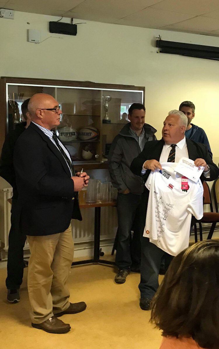gdchans's tweet photo. After tough old game against @HonitonRfc, @WithycombeRFC #chairmanMerv presenting a signed @EnglandRugby shirt for them to auction off to help them rebuild after vandals struck at the club #rugbyfamily #dingdongderby #upthewithies #UTT https://t.co/MnsT2Mqxqf
