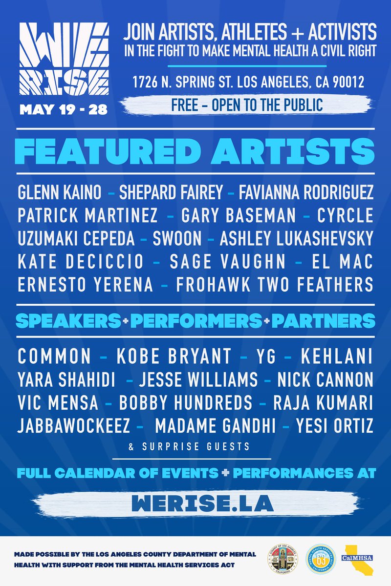 #WeRiseLA: Join me in DTLA for a free 10 day Festival centered around mental health for youth ft. live music, world class art and inspiring talks that kicks off on May 19! You can RSVP here: bit.ly/WeRiseLA!
