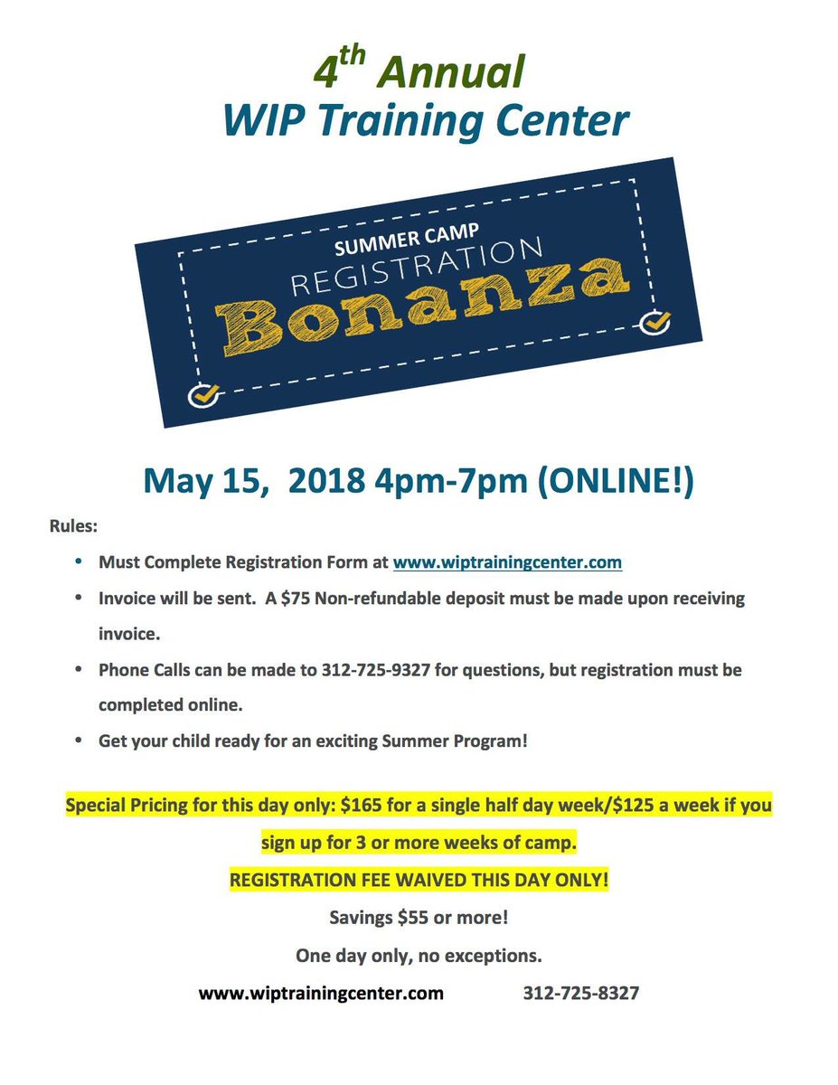 WIPTraining's tweet image. Summer Camp Bonanza! Mark your calendars Tuesday!!!! Lowest prices!   @OPESchool @EbingerSchool @edison_park @EdisonParkFest @EdisonParkInfo @chicagokids @Chicagoist @chicagotribune @ABC @StPaulCross67 @NorwoodParkCOC @NPSChicago
