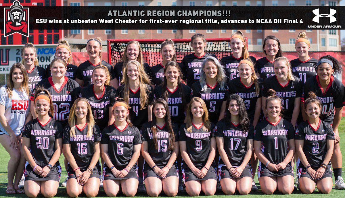 ESUWarriors's tweet photo. WLAX: ATLANTIC REGION CHAMPS!!!  Warriors win 16-14 at unbeaten West Chester, claim 1st-ever region title and trip to Tampa for Final 4 🔴⚫️🏆

Rahmer 4g
Cicerelle 3g, 4a
Jefferis 3g, 1a
Petteway 16 saves https://t.co/c7SZdLBy6K