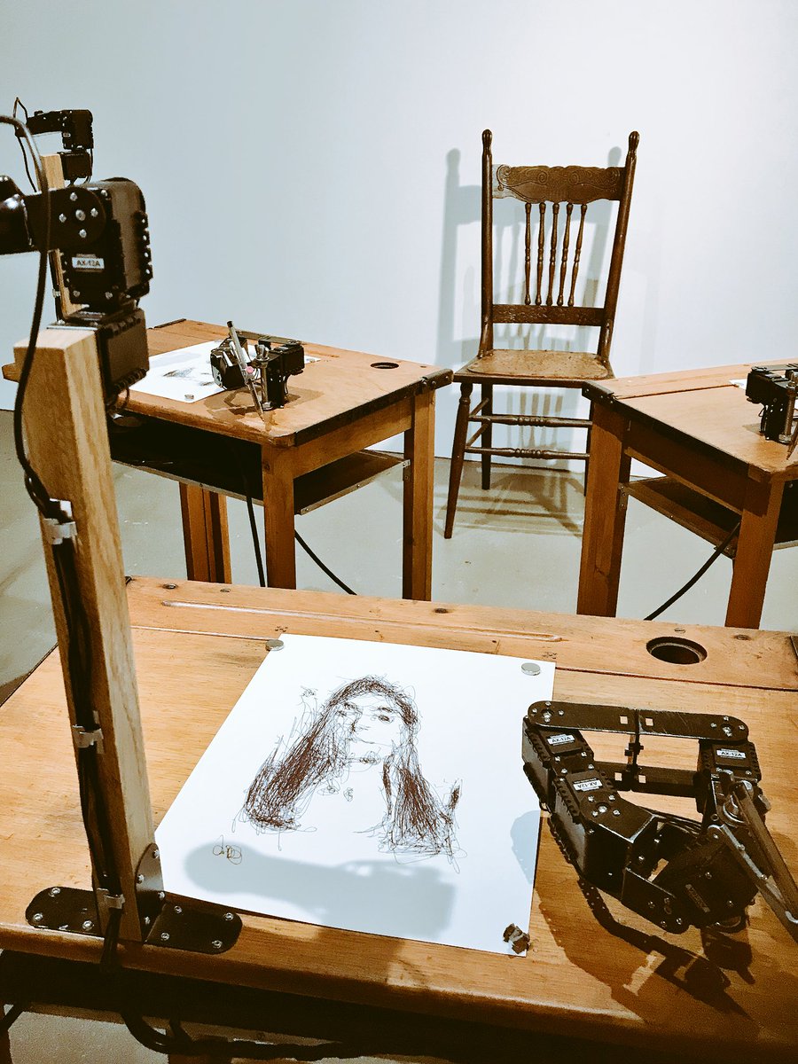 rxanneb's tweet photo. Spent some time with 5 robot artists today - 30 min to be exact. Book a sitting with @NewMediaGallery before it’s all gone. #TRACEexhibition https://t.co/4JSd8lR386