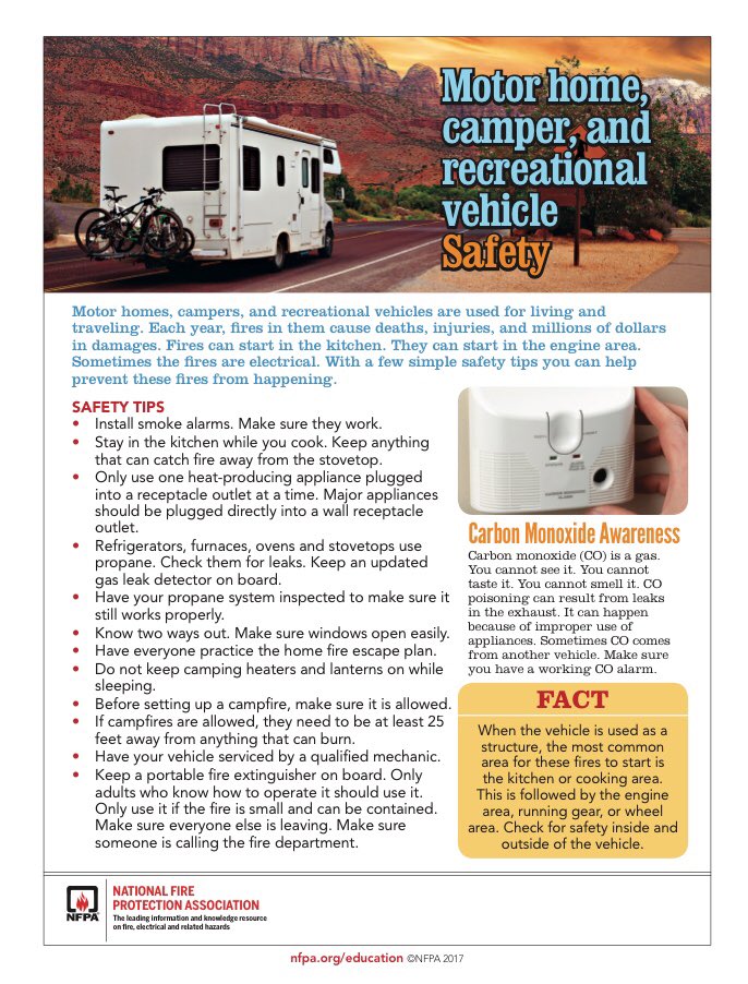 NLFireServices's tweet photo. The long-awaited 24th of May weekend is almost upon us &amp; now is an excellent time to freshen up on Motorhome, Camper &amp; Recreational Vehicle Safety as you plan &amp; prepare. Use these tips from the @NFPA to help you get ready for next weekend: https://t.co/tJNVZOxYTE