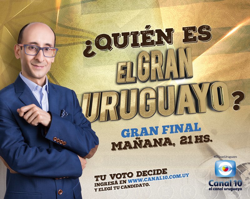 ¡MAÑANA llega la gran final! 😯🎊 ¿Batlle Y Ordóñez o José Artigas? 🤔 Votá quién creés que debe ser #ElGranUruguayo vía SMS al 7575 con: 
→ uruguayo 1 - Batlle Y Ordóñez 
→ uruguayo 2 - José Artigas; o por la web 👉 ow.ly/si3H30jXsGt
¡Tu voto decide! 😬🤞 <a href="/DDelgrossi/">Diego Delgrossi</a>
