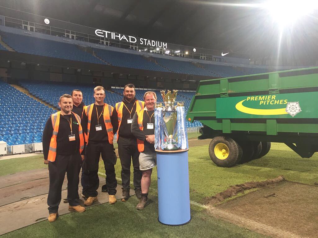 PremierPitches's tweet photo. As the renovations begin at @ManCity, the team were lucky to get to stand next to a certain piece of silverware 👀🏆 many thanks to @WackoJacko1974 https://t.co/qOCBbX40uX