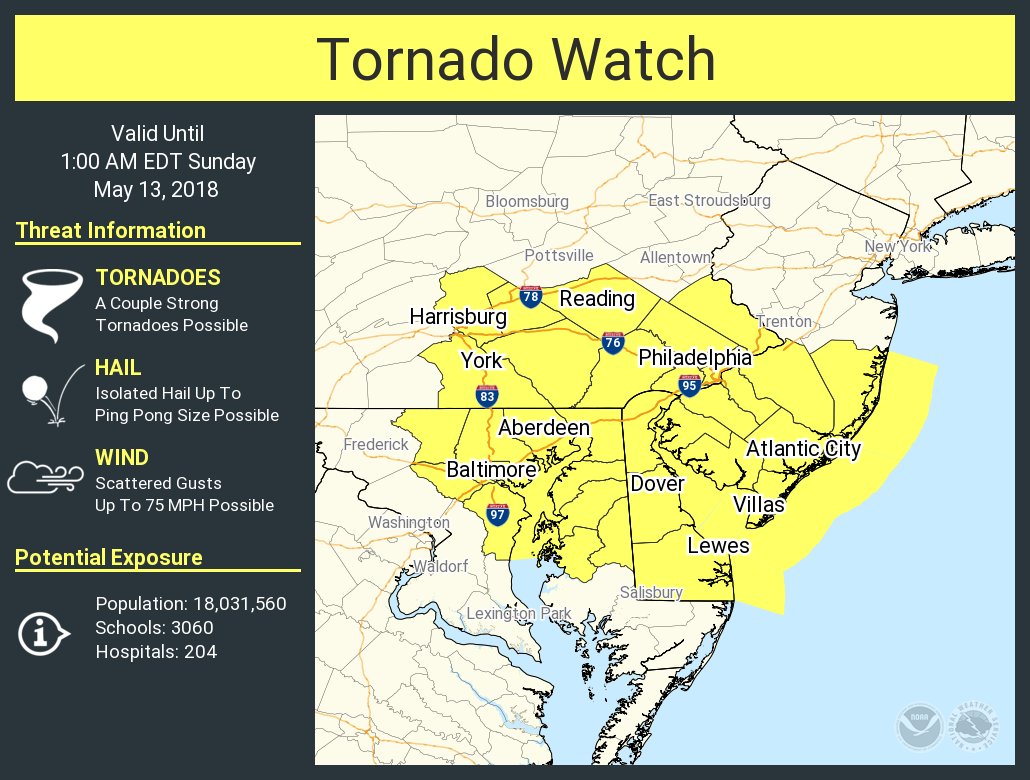 NWStornado's tweet photo. A tornado watch has been issued for parts of Delaware, Maryland, New Jersey and Pennsylvania until 1 AM EDT https://t.co/UqtLdebw5U