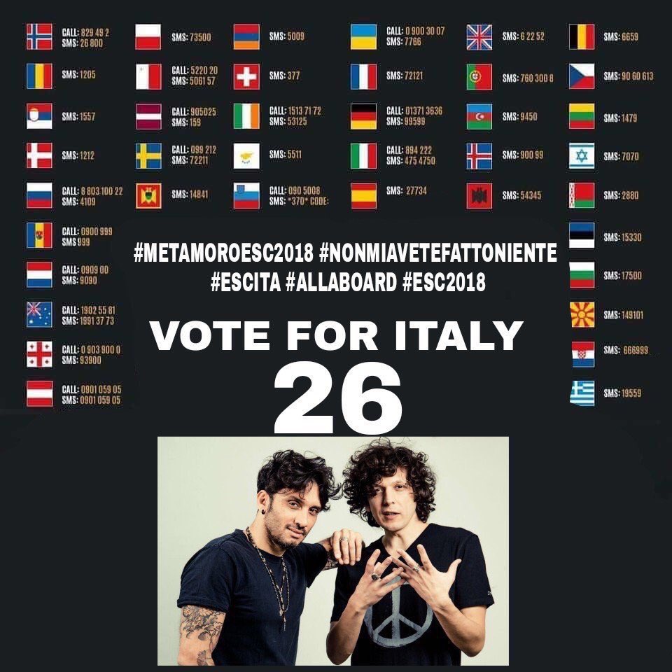 katy_katy131211's tweet photo. #ESC2018 #ESCita #Eurovision #Codice26 Vote for Italy 🇮🇹🇮🇹
#NonMiAveteFattoNiente #MetaMoroESC2018 https://t.co/DkQjia3X6n