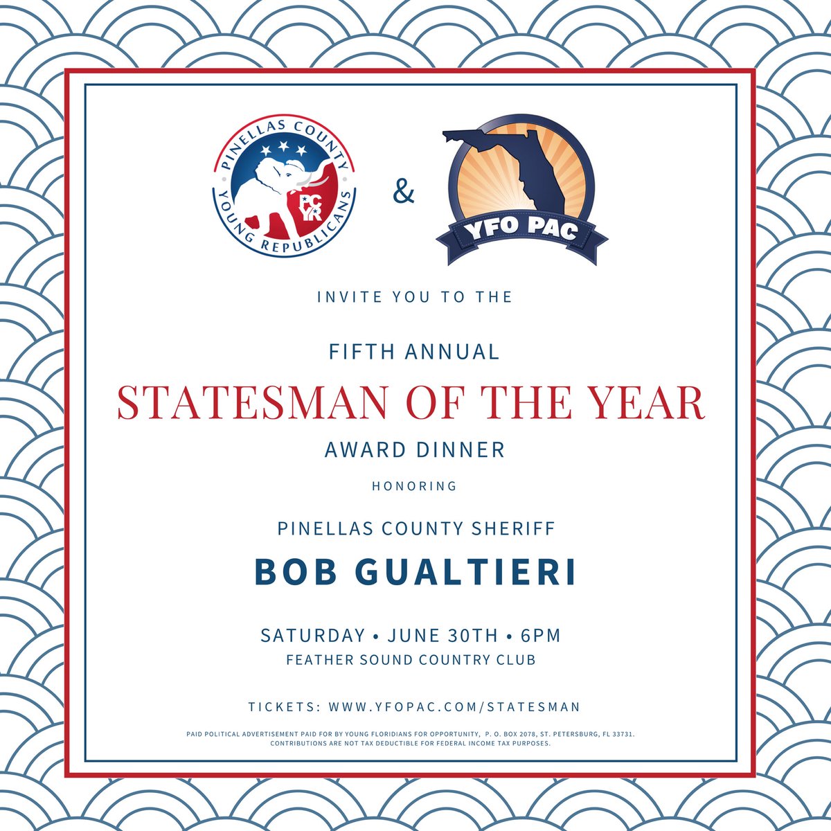 YFOPAC's tweet photo. Excited to announce the 5th Annual Statesman of the Year Award Dinner honoring Sheriff Bob Gualtieri with @PCYRs on 6/30 - tickets @ https://t.co/mSlYxEpxSP https://t.co/M8RqmJDOpf