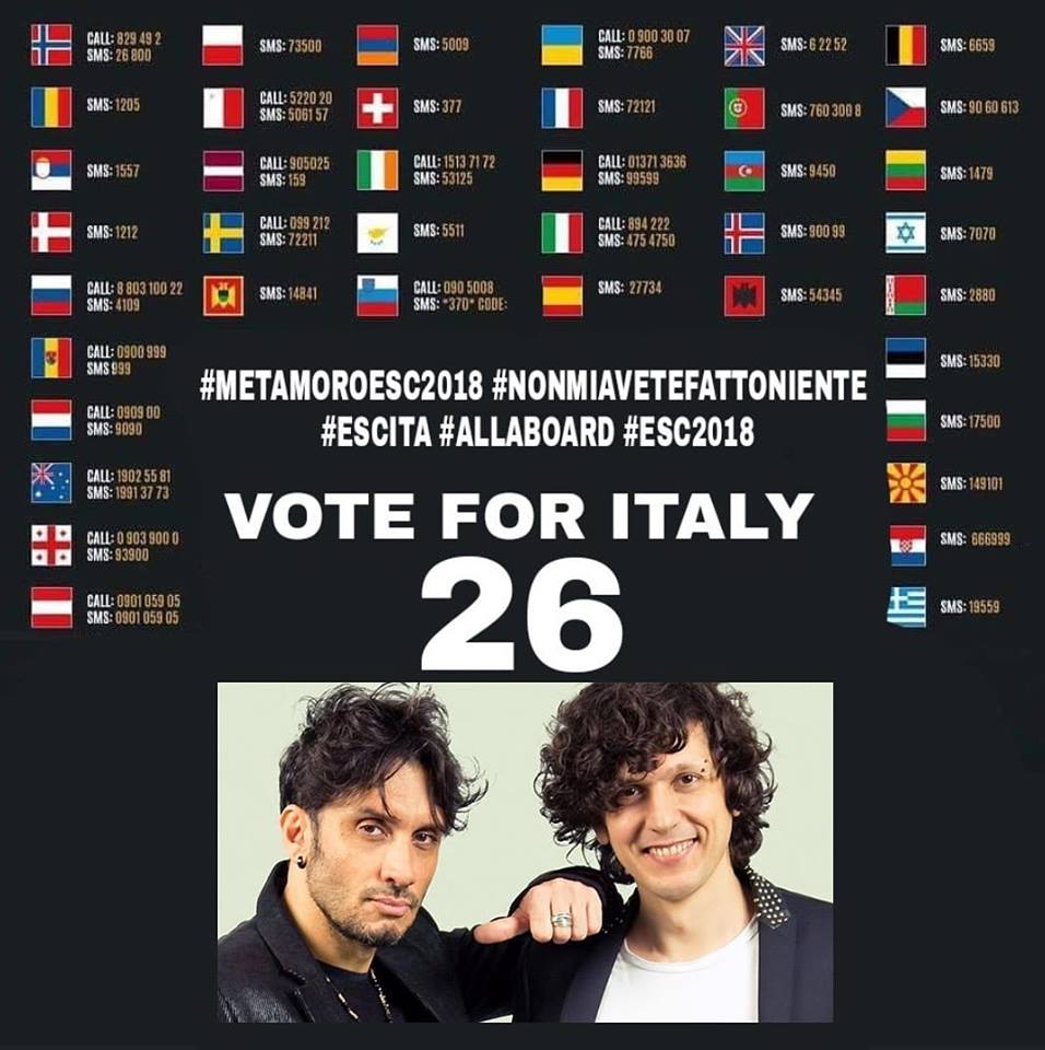 AntoMoro97's tweet photo. VOTE ITALY! 26! #NonMiAveteFattoNiente 🇮🇹
#Vote26 #Codice26 #ESC2018 #Eurovision #AllAboard  
#MetaMoroESC2018 #MetaMoro #ErmalMeta #FabrizioMoro #ESCita https://t.co/MZN8WYiSMy