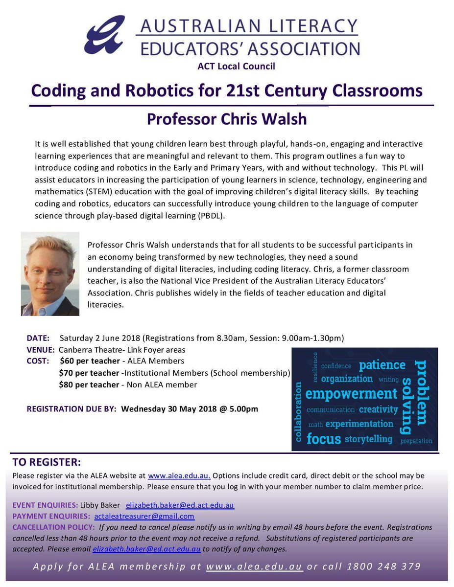 What are you doing on Saturday 2 June? Head over to the Canberra Theatre Centre and engage in this PL that will assist educators in increasing the participation of young learners in STEM &amp; digital tec. Register online now at alea.edu.au/events/event/c… <a href="/Chris__Walsh/">Chris Walsh</a> <a href="/canberratheatre/">Canberra Theatre Centre</a>