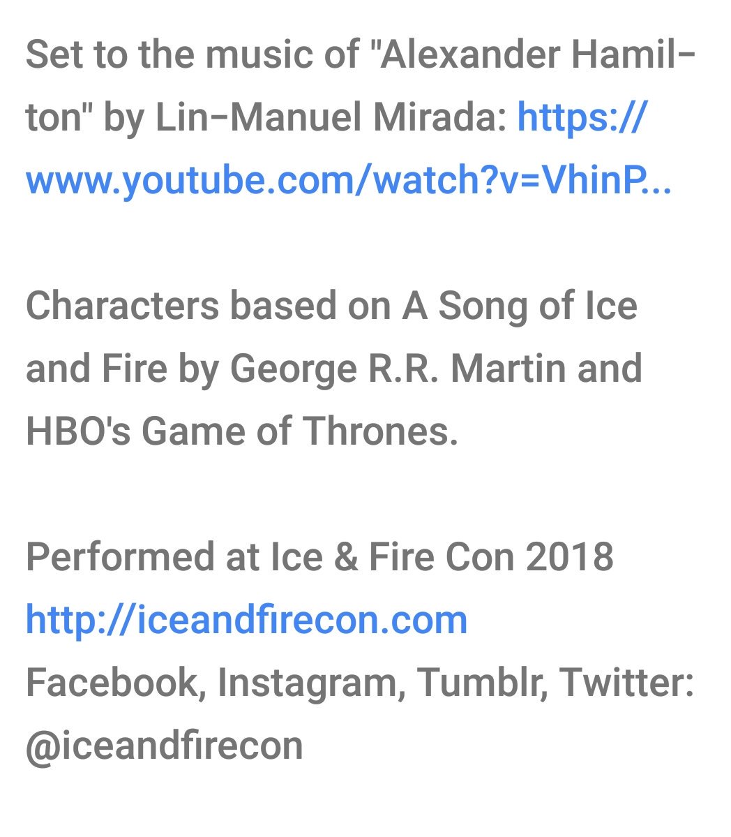 IceAndFireCon's tweet photo. You Waited For It, and now its here. WESTEROS: An American Musical, a parody Hamilton and A Song of Ice and Fire crossover musical was performed at #iceandfirecon2018!
Check it on its channel at https://t.co/KRNd9Hroay https://t.co/y4rtQcbPSz