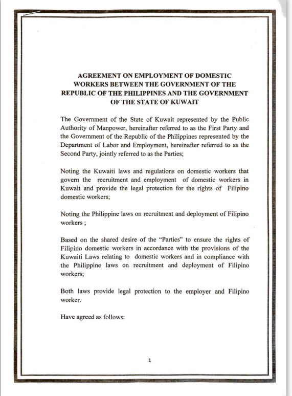 halili_maricel's tweet photo. Look: the memorandum of agreement to protect OFWs in Kuwait; signed last Friday, May 11 in the Gulf state https://t.co/lcrZofSYh3
