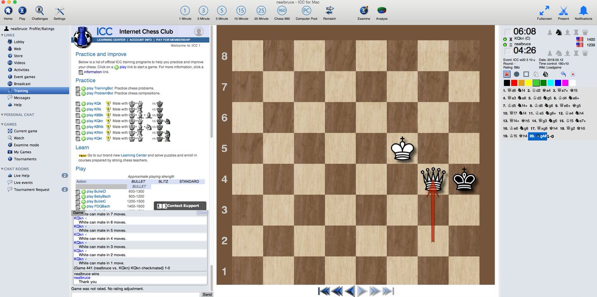 NealBruceBC's tweet photo. OK, took me 3 hours. Now I feel confident I can mate in 20-28 moves. You will learn some repeating patterns in this mate after some practice. Thanks @ChessICC and Thanks @chessbrahTV @hansenchess @FabianoCaruana for the fun games as I was studying this mate. #endgamemastery https://t.co/7Bk6ibey7O