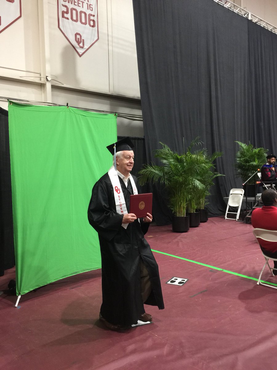 oueducation's tweet photo. 57 years later,@OU_MBBall standout and former @RedSox pitcher Donald Schwall got to walk across the stage to receive his bachelor’s degree in Business Education. @UofOklahoma #OUGrad18 https://t.co/3jkjkQ7Q9r