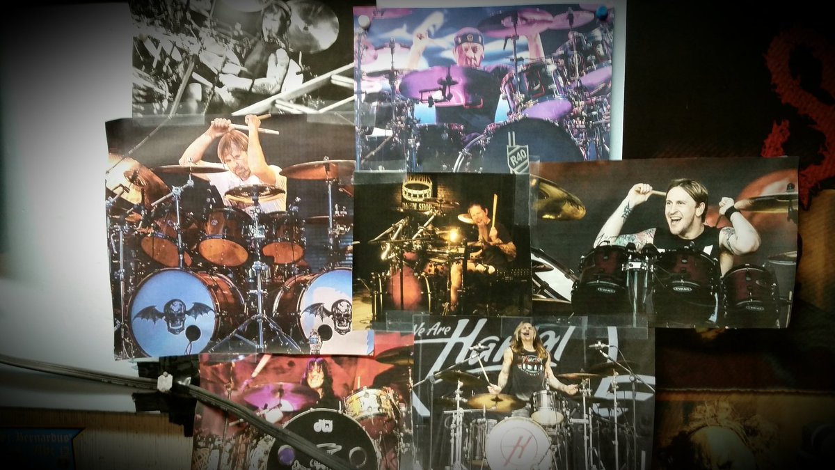 efreeborn's tweet photo. The wall of inspiration I keep behind me...#Rev #Peart #Moose #Wackerman #Adler #Agra #Fitz https://t.co/P3fk6dRBCy