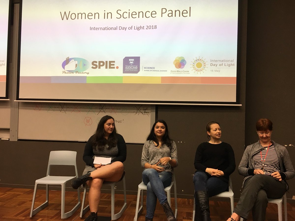 scischol's tweet photo. Four Awesome women talking at the Women in Science Panel Discussion at the International Day of Light at The University of Auckland https://t.co/U6HlqrAzq4