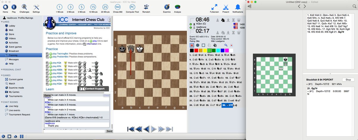 NealBruceBC's tweet photo. Working with @ChessICC on Q vs. N. Good news is I mated in 36 moves (<40). @stockfishchess mated in 21 moves, but I learned from his moves. Hoping to get to mate in 25-28 before I go to bed tonight. I will keep you posted. #endgamemastery https://t.co/T7pJcxhnGX
