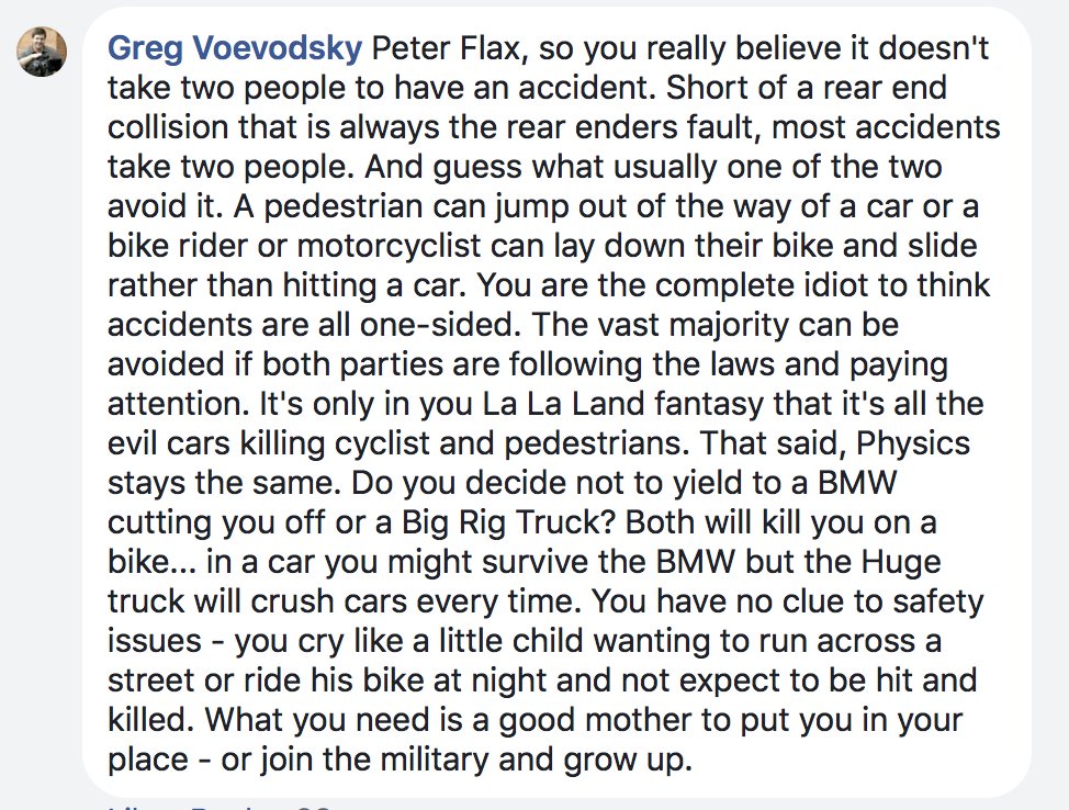 Pflax1's tweet photo. "You have no clue to safety issues - you cry like a little child wanting to run across a street or ride his bike at night and not expect to be hit and killed. What you need is a good mother to put you in your place - or join the military and grow up." https://t.co/E1VyZdLRDC
