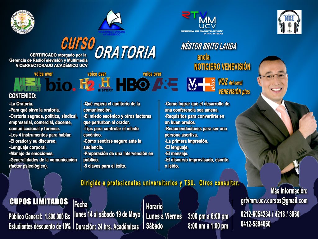 UCV_Noticias's tweet image. #Curso de Oratoria con Néstor Brito Landa. Inicia el #14May. Invita la Gerencia de Radio Televisión y Multimedia - Vicerrectorado Académico #UCV