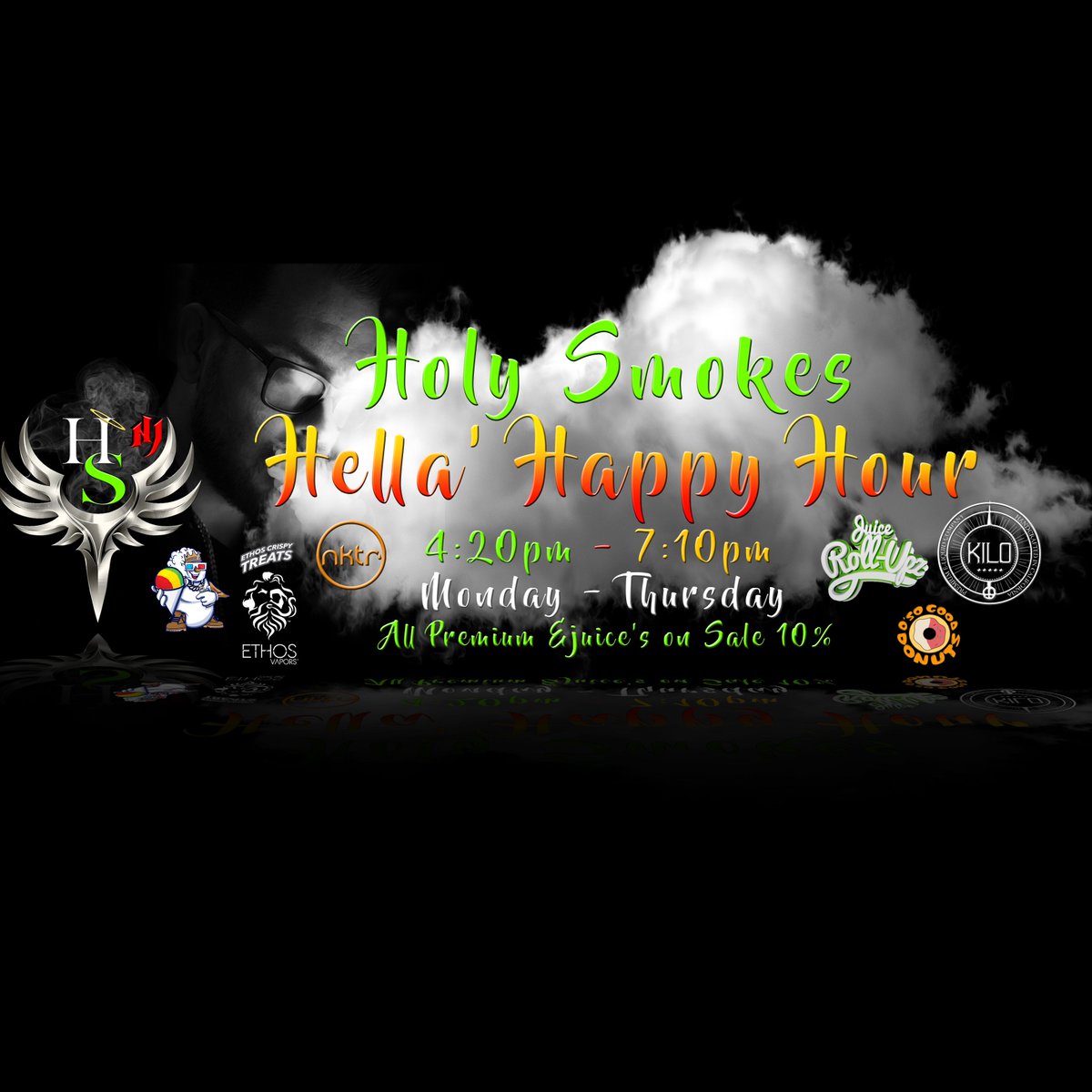 HolySmokesNJ's tweet photo. Monday - Thursday Holy Smokes has their 4:20 Happy hour.  Recieve 10% off all premium ejuice  when purchased between 4:20pm and 7:10pm #sale #vape #vapejuice #ejuice #smoke #vapeshop #smokeshop #happy #happyhour #dope #420 #710 #holysmokesnj #holysmokes168 #hsnj https://t.co/pXvo8818dh