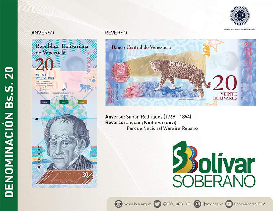 MercantilBanco's tweet photo. El billete de 20 bolívares soberanos tendrá en su parte de adelante el rostro de Simón Rodríguez y en la parte de atrás una imagen del jaguar y del parque nacional Waraira Repano. #ReconversiónMonetaria Más: https://t.co/0OgmIzbLow https://t.co/WESvmmLhS4