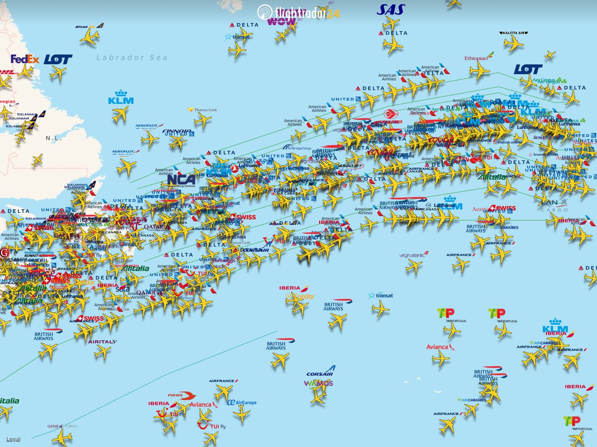 flightradar24's tweet photo. Saturday night skies—tens of thousands of people and tonnes of cargo moving from one continent to another. https://t.co/wWbfiVVXfy
