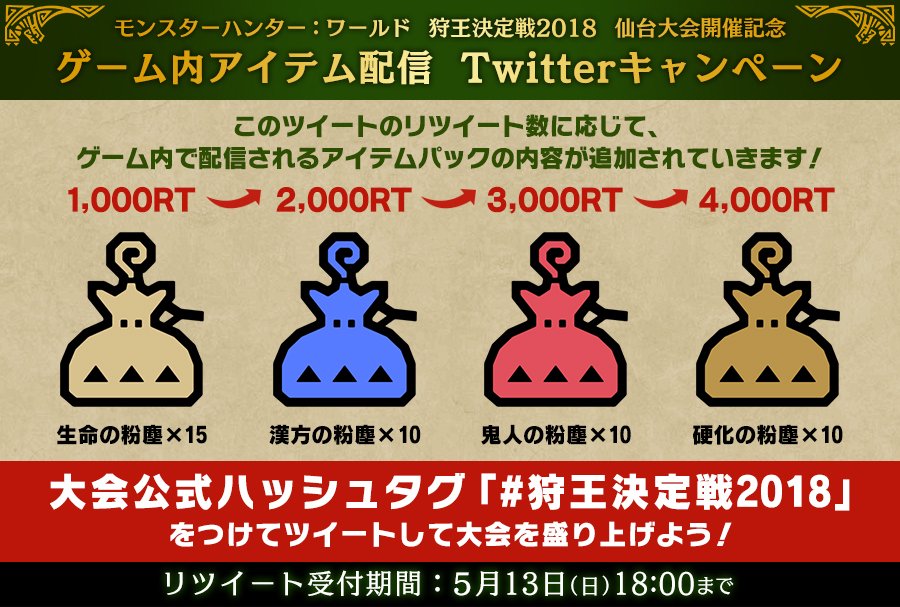 MH_official_JP's tweet image. 【RT参加可能】「 #狩王決定戦2018 」仙台大会開催記念！このツイートのＲＴ数に応じて『モンスターハンター：ワールド』ゲーム内で配信されるアイテムが豪華に！15時よりWEB生放送の狩王決定戦内のオンライン開発者チャレクエが成功すれば配信数が2倍に！視聴⇒youtube.com/watch?v=MEM7iE…
