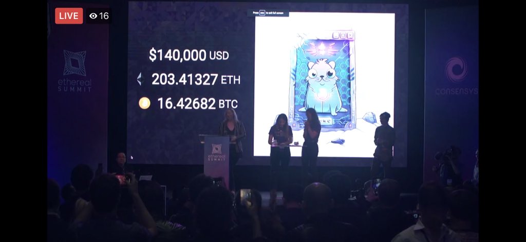 Record $140,000 CryptoKitty sale going to the great cause of supporting creatives working at the intersection of blockchain and art. Thanks to the bidders, <a href="/rareartlabs/">R.A.R.E Art Labs</a>, <a href="/EtherealSummit/">Ethereal Summit</a>, <a href="/CodexProtocol/">codexprotocol</a> and our community. Our Kitties couldn’t be more happy. 😻 #EtherealNY