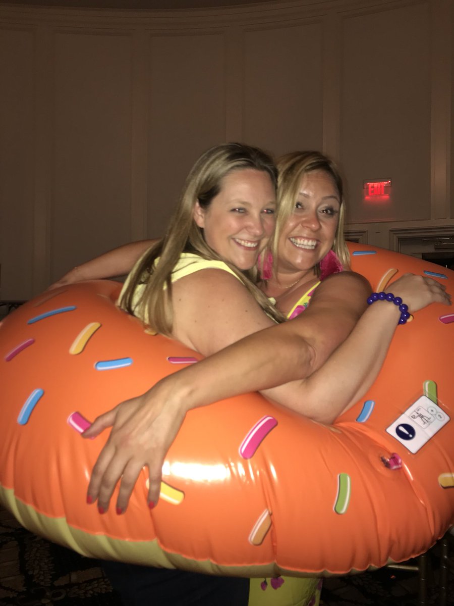 pocket__polly's tweet photo. The girls have found the inflatable donut ๐ฉ @clairebrig @sarahweetman #AdvConf18 #strugglecuddle https://t.co/IgztN3lSB3