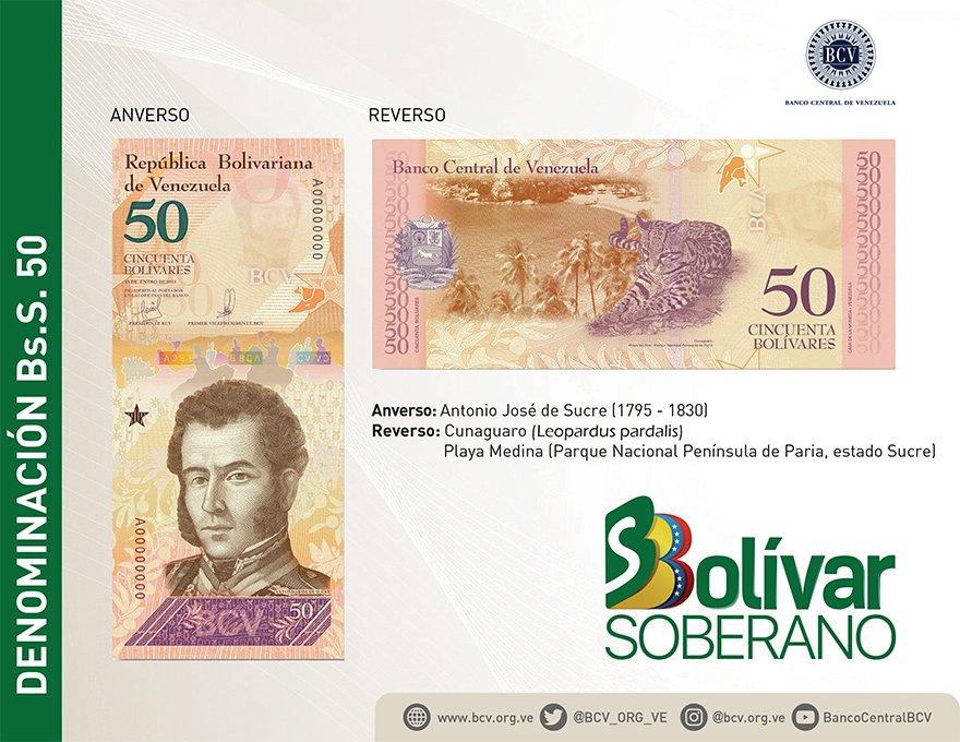 MercantilBanco's tweet photo. El billete de 50 bolívares soberanos tendrá en su parte de adelante el rostro de Antonio José de Sucre y en la parte de atrás una imagen de un cunaguaro y de un paisaje del parque nacional Península de Paria. #ReconversiónMonetaria Más: https://t.co/0OgmIzbLow https://t.co/pWNIiWZ8Zt